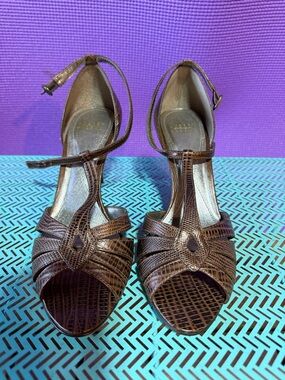 Audrey Brooke Brown Textured T-Strap Heeled Sandals